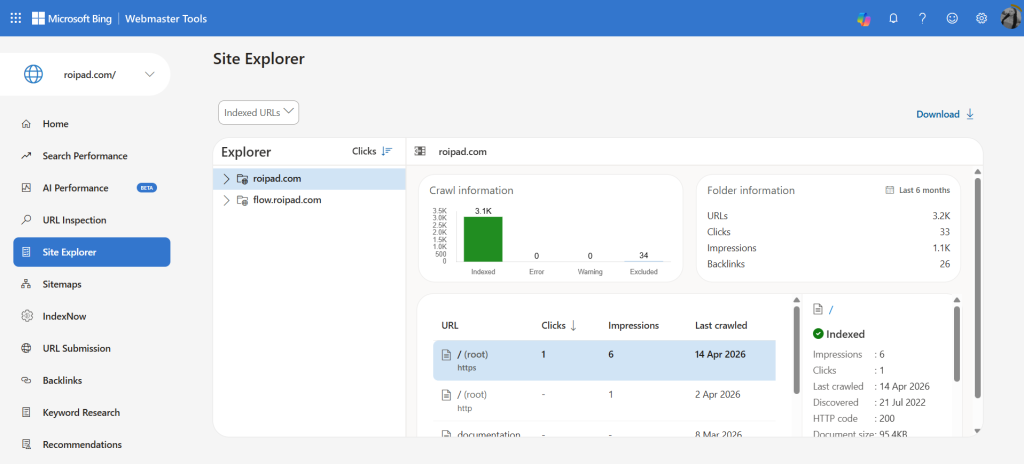 bing site explorer dashboard