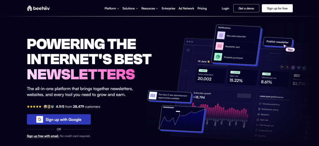 beehiiv homepage screenshot