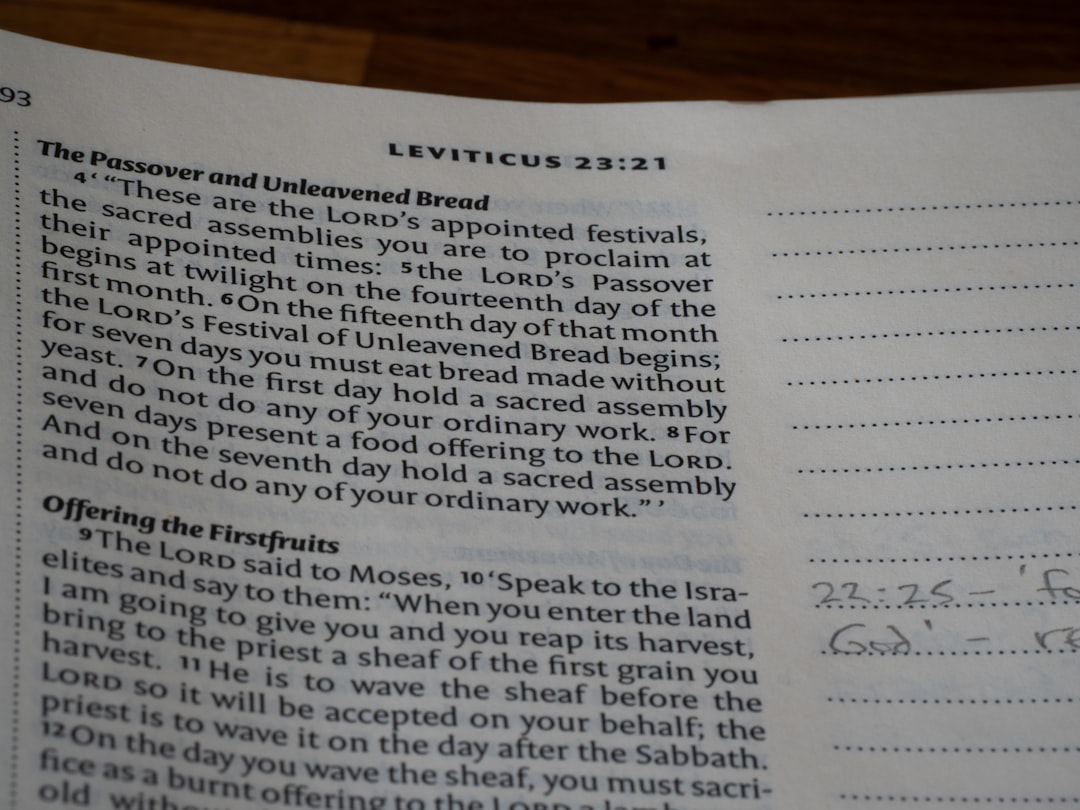 An open bible displaying text from leviticus with handwritten notes.