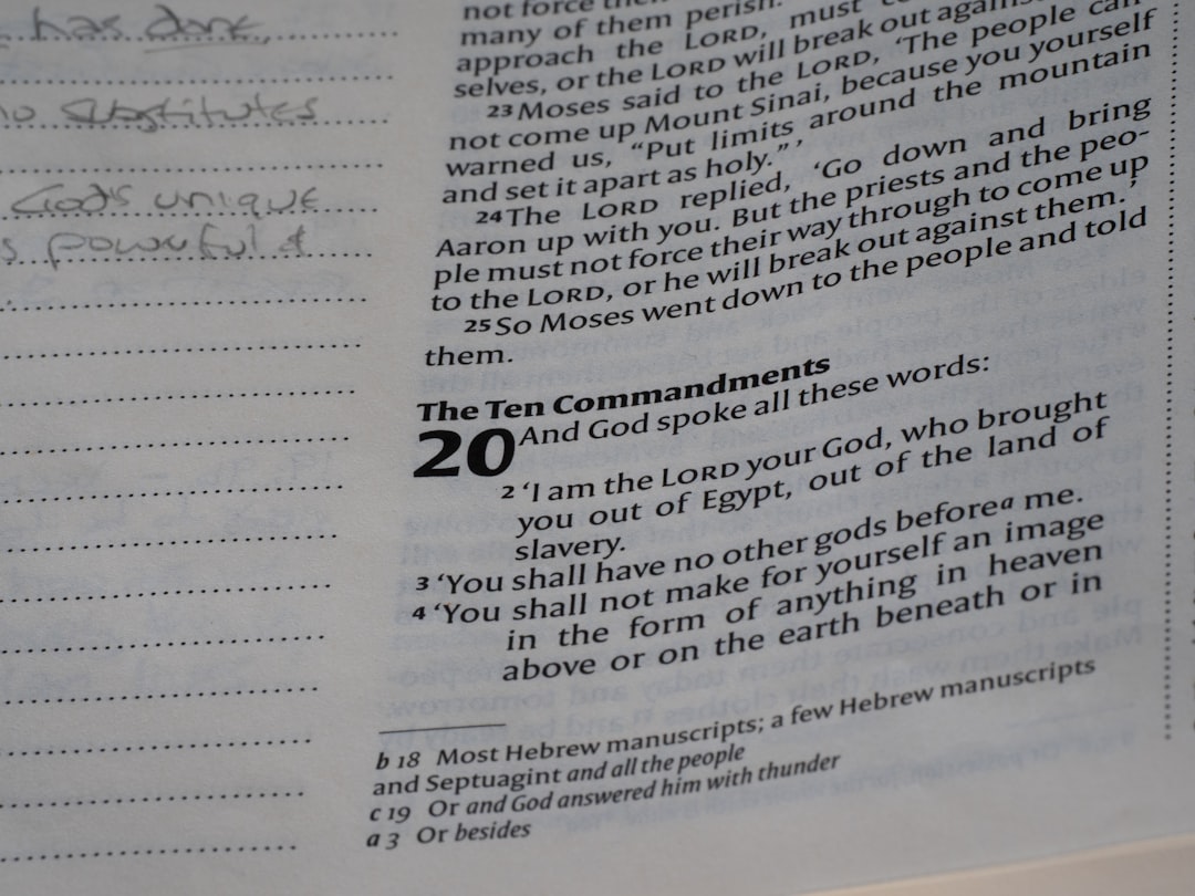 Close-up of the ten commandments in a book.